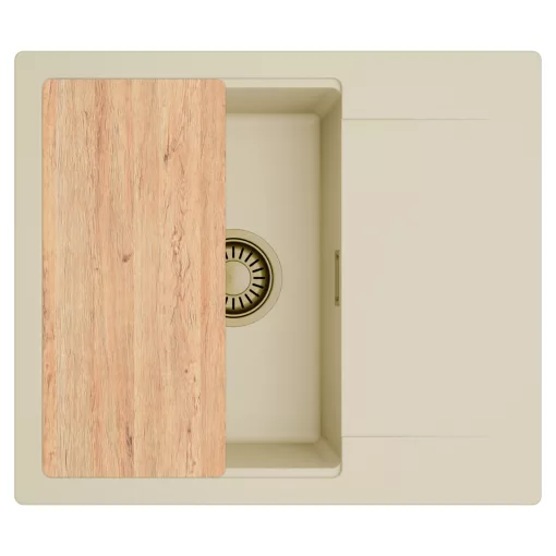 HD Onyx Beige 58 egymedencés gránit mosogatótálca, vágódeszkával, soft bézs színben, szálcsiszolt arany leeresztő szifonnal