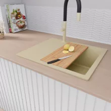 HD Onyx Beige 58 egymedencés gránit mosogatótálca, vágódeszkával, soft bézs színben, szálcsiszolt arany leeresztő szifonnal