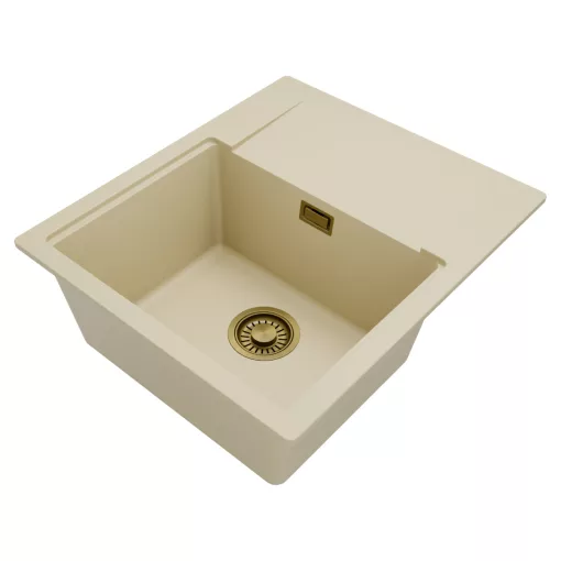 HD Onyx Beige 58 egymedencés gránit mosogatótálca, vágódeszkával, soft bézs színben, szálcsiszolt arany leeresztő szifonnal