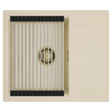 HD Onyx Beige 58 egymedencés mosogatótálca szett, acél csepegtetőráccsal, csepegtetőtálcával, soft bézs színben, szálcsiszolt arany leeresztő szifonnal