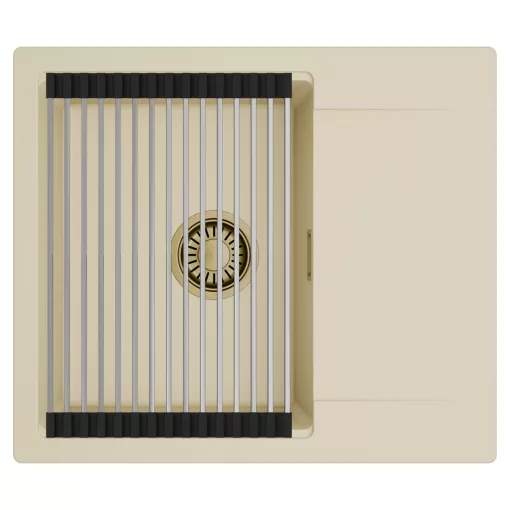 HD Onyx Beige 58 egymedencés mosogatótálca szett, acél csepegtetőráccsal, csepegtetőtálcával, soft bézs színben, szálcsiszolt arany leeresztő szifonnal