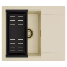 HD Onyx Beige 58 egymedencés mosogatótálca szett, matt fekete csepegtetőkosárral, csepegtetőtálcával, soft bézs színben, szálcsiszolt arany leeresztő szifonnal