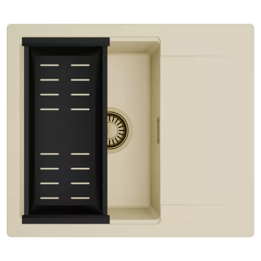 HD Onyx Beige 58 egymedencés mosogatótálca szett, matt fekete csepegtetőkosárral, csepegtetőtálcával, soft bézs színben, szálcsiszolt arany leeresztő szifonnal