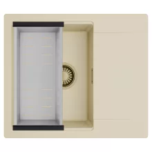 HD Onyx Beige 58 egymedencés mosogatótálca szett, acél csepegtetőkosárral, csepegtetőtálcával, soft bézs színben, szálcsiszolt arany leeresztő szifonnal