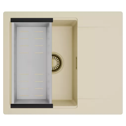 HD Onyx Beige 58 egymedencés mosogatótálca szett, acél csepegtetőkosárral, csepegtetőtálcával, soft bézs színben, szálcsiszolt arany leeresztő szifonnal