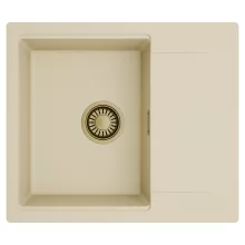 HD Onyx Beige 58 egymedencés mosogatótálca, csepegtetőtálcával, soft bézs színben, szálcsiszolt arany leeresztő szifonnal