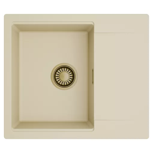 HD Onyx Beige 58 egymedencés mosogatótálca, csepegtetőtálcával, soft bézs színben, szálcsiszolt arany leeresztő szifonnal
