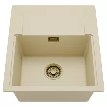 HD Onyx Beige 58 egymedencés mosogatótálca, csepegtetőtálcával, soft bézs színben, szálcsiszolt arany leeresztő szifonnal