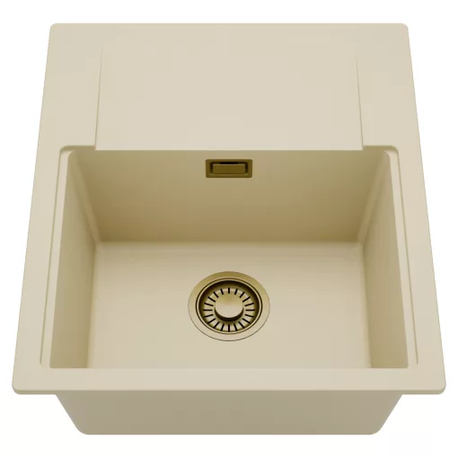 HD Onyx Beige 58 egymedencés mosogatótálca, csepegtetőtálcával, soft bézs színben, szálcsiszolt arany leeresztő szifonnal