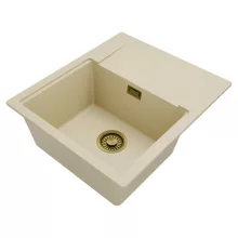 HD Onyx Beige 58 egymedencés mosogatótálca, csepegtetőtálcával, soft bézs színben, szálcsiszolt arany leeresztő szifonnal