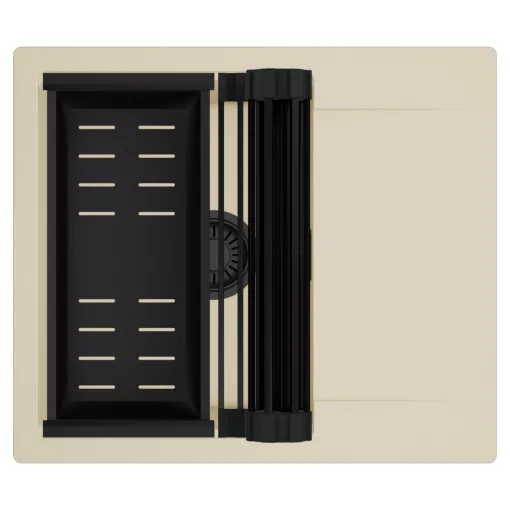 HD Onyx Beige 58 egymedencés mosogatótálca szett, matt fekete csepegtetőráccsal és kosárral, csepegtetőtálcával, soft bézs színben, matt fekete leeresztő szifonnal