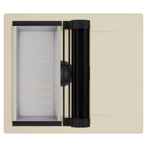 HD Onyx Beige 58 egymedencés mosogatótálca szett, matt fekete csepegtetőráccsal és krómozott kosárral, csepegtetőtálcával, soft bézs színben, matt fekete leeresztő szifonnal