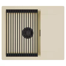 HD Onyx Beige 58 egymedencés mosogatótálca szett, matt fekete csepegtetőráccsal, csepegtetőtálcával, soft bézs színben, matt fekete leeresztő szifonnal