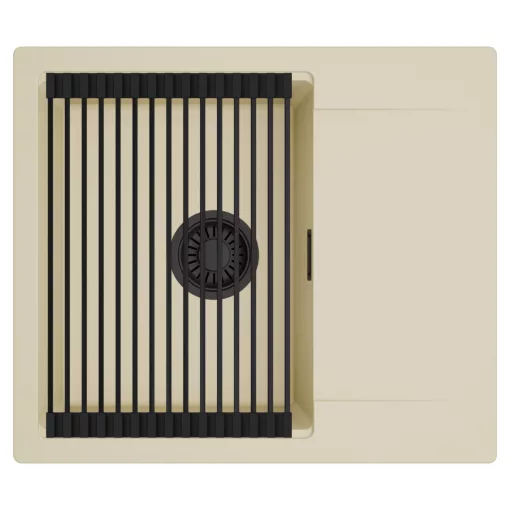 HD Onyx Beige 58 egymedencés mosogatótálca szett, matt fekete csepegtetőráccsal, csepegtetőtálcával, soft bézs színben, matt fekete leeresztő szifonnal