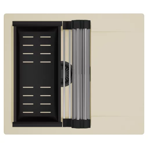 HD Onyx Beige 58 egymedencés mosogatótálca szett, acél csepegtetőráccsal és matt fekete kosárral, csepegtetőtálcával, soft bézs színben, matt fekete leeresztő szifonnal