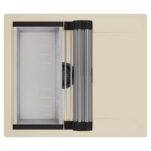 HD Onyx Beige 58 egymedencés mosogatótálca szett, acél csepegtetőráccsal és kosárral, csepegtetőtálcával, soft bézs színben, matt fekete leeresztő szifonnal