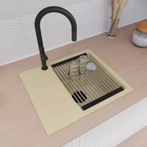 HD Onyx Beige 58 egymedencés mosogatótálca szett, acél csepegtetőráccsal és kosárral, csepegtetőtálcával, soft bézs színben, matt fekete leeresztő szifonnal