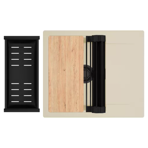 HD Onyx Beige 58 egymedencés gránit mosogatótálca szett, csepegtetőtálcával, vágódeszkával, matt fekete csepegtetőráccsal és kosárral, soft bézs színben, matt fekete leeresztő szifonnal