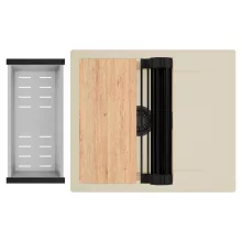 HD Onyx Beige 58 egymedencés gránit mosogatótálca szett, csepegtetőtálcával, vágódeszkával, matt fekete csepegtetőráccsal és krómozott kosárral, soft bézs színben, matt fekete leeresztő szifonnal