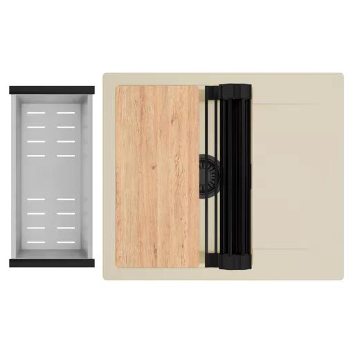 HD Onyx Beige 58 egymedencés gránit mosogatótálca szett, csepegtetőtálcával, vágódeszkával, matt fekete csepegtetőráccsal és krómozott kosárral, soft bézs színben, matt fekete leeresztő szifonnal