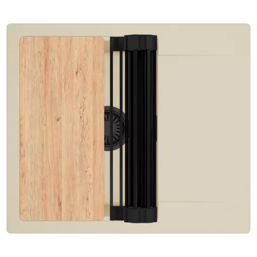 HD Onyx Beige 58 egymedencés gránit mosogatótálca szett, csepegtetőtálcával, vágódeszkával, matt fekete csepegtetőráccsal, soft bézs színben, matt fekete leeresztő szifonnal