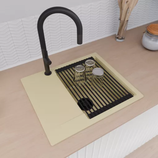 HD Onyx Beige 58 egymedencés gránit mosogatótálca szett, csepegtetőtálcával, vágódeszkával, matt fekete csepegtetőráccsal, soft bézs színben, matt fekete leeresztő szifonnal