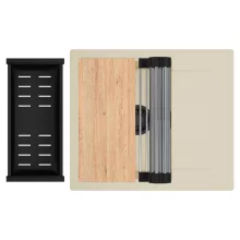 HD Onyx Beige 58 egymedencés gránit mosogatótálca szett, csepegtetőtálcával, vágódeszkával, acél csepegtetőráccsal és matt fekete kosárral, soft bézs színben, matt fekete leeresztő szifonnal