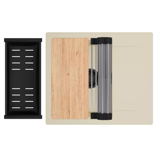 HD Onyx Beige 58 egymedencés gránit mosogatótálca szett, csepegtetőtálcával, vágódeszkával, acél csepegtetőráccsal és matt fekete kosárral, soft bézs színben, matt fekete leeresztő szifonnal