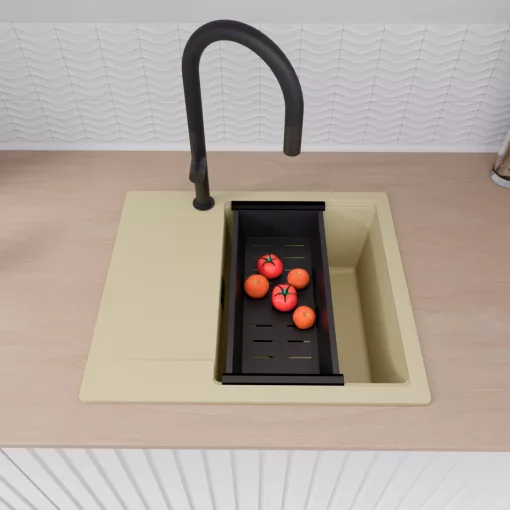 HD Onyx Beige 58 egymedencés gránit mosogatótálca szett, csepegtetőtálcával, vágódeszkával, acél csepegtetőráccsal és matt fekete kosárral, soft bézs színben, matt fekete leeresztő szifonnal