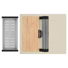 HD Onyx Beige 58 egymedencés gránit mosogatótálca szett, csepegtetőtálcával, vágódeszkával, acél csepegtetőráccsal és kosárral, soft bézs színben, matt fekete leeresztő szifonnal