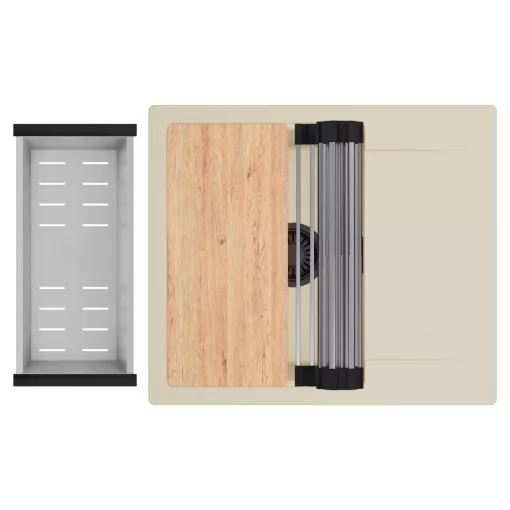 HD Onyx Beige 58 egymedencés gránit mosogatótálca szett, csepegtetőtálcával, vágódeszkával, acél csepegtetőráccsal és kosárral, soft bézs színben, matt fekete leeresztő szifonnal