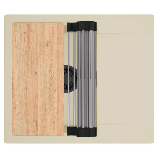 HD Onyx Beige 58 egymedencés gránit mosogatótálca szett, csepegtetőtálcával, vágódeszkával, acél csepegtetőráccsal, soft bézs színben, matt fekete leeresztő szifonnal