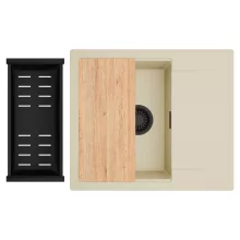 HD Onyx Beige 58 egymedencés gránit mosogatótálca szett, csepegtetőtálcával, vágódeszkával, matt fekete csepegtetőkosárral, soft bézs színben, matt fekete leeresztő szifonnal
