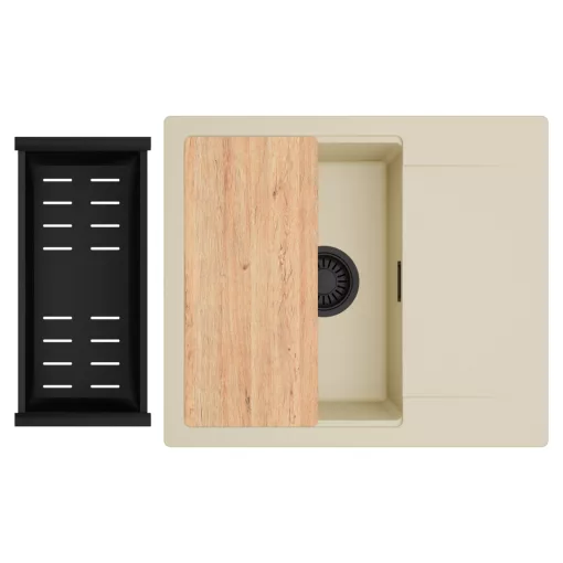 HD Onyx Beige 58 egymedencés gránit mosogatótálca szett, csepegtetőtálcával, vágódeszkával, matt fekete csepegtetőkosárral, soft bézs színben, matt fekete leeresztő szifonnal