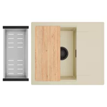 HD Onyx Beige 58 egymedencés gránit mosogatótálca szett, csepegtetőtálcával, vágódeszkával, acél csepegtetőkosárral, soft bézs színben, matt fekete leeresztő szifonnal