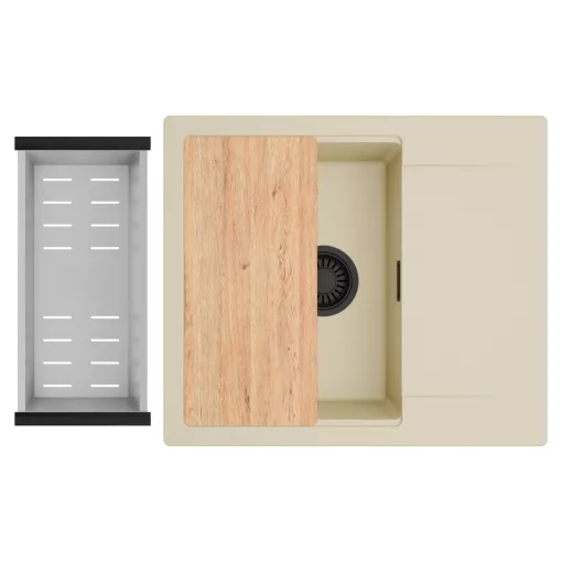 HD Onyx Beige 58 egymedencés gránit mosogatótálca szett, csepegtetőtálcával, vágódeszkával, acél csepegtetőkosárral, soft bézs színben, matt fekete leeresztő szifonnal