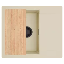 HD Onyx Beige 58 egymedencés gránit mosogatótálca, vágódeszkával, soft bézs színben, matt fekete leeresztő szifonnal