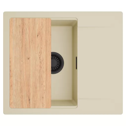 HD Onyx Beige 58 egymedencés gránit mosogatótálca, vágódeszkával, soft bézs színben, matt fekete leeresztő szifonnal