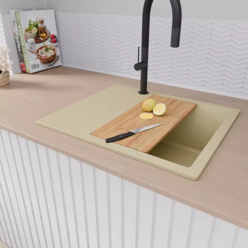 HD Onyx Beige 58 egymedencés gránit mosogatótálca, vágódeszkával, soft bézs színben, matt fekete leeresztő szifonnal