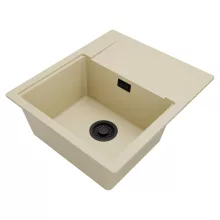 HD Onyx Beige 58 egymedencés gránit mosogatótálca, vágódeszkával, soft bézs színben, matt fekete leeresztő szifonnal