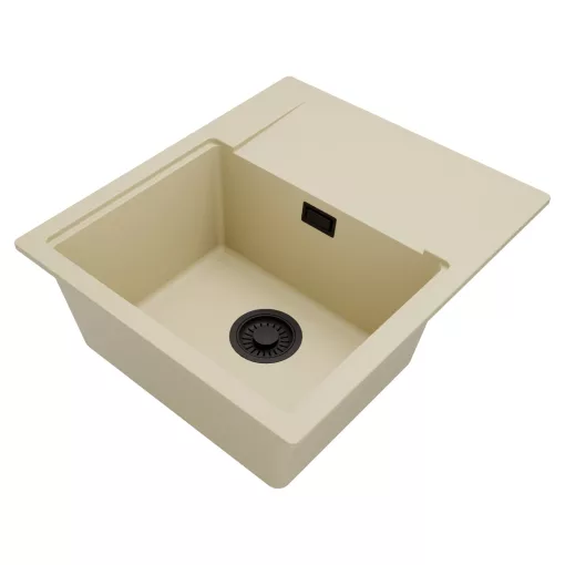 HD Onyx Beige 58 egymedencés gránit mosogatótálca, vágódeszkával, soft bézs színben, matt fekete leeresztő szifonnal