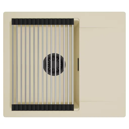 HD Onyx Beige 58 egymedencés mosogatótálca szett, acél csepegtetőráccsal, csepegtetőtálcával, soft bézs színben, matt fekete leeresztő szifonnal