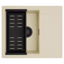 HD Onyx Beige 58 egymedencés mosogatótálca szett, matt fekete csepegtetőkosárral, csepegtetőtálcával, soft bézs színben, matt fekete leeresztő szifonnal