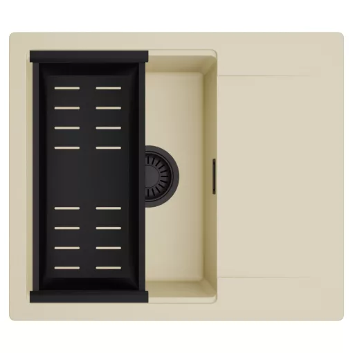 HD Onyx Beige 58 egymedencés mosogatótálca szett, matt fekete csepegtetőkosárral, csepegtetőtálcával, soft bézs színben, matt fekete leeresztő szifonnal