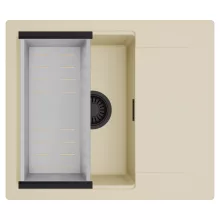 HD Onyx Beige 58 egymedencés mosogatótálca szett, acél csepegtetőkosárral, csepegtetőtálcával, soft bézs színben, matt fekete leeresztő szifonnal