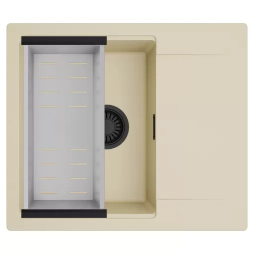 HD Onyx Beige 58 egymedencés mosogatótálca szett, acél csepegtetőkosárral, csepegtetőtálcával, soft bézs színben, matt fekete leeresztő szifonnal