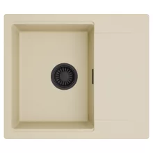 HD Onyx Beige 58 egymedencés mosogatótálca, csepegtetőtálcával, soft bézs színben, matt fekete leeresztő szifonnal