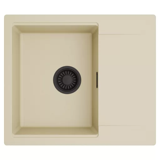 HD Onyx Beige 58 egymedencés mosogatótálca, csepegtetőtálcával, soft bézs színben, matt fekete leeresztő szifonnal