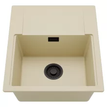 HD Onyx Beige 58 egymedencés mosogatótálca, csepegtetőtálcával, soft bézs színben, matt fekete leeresztő szifonnal