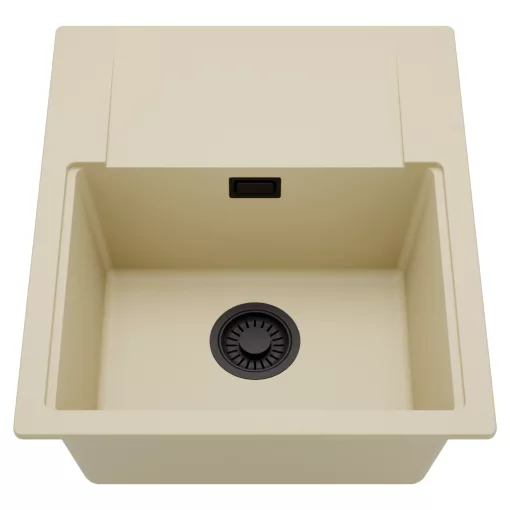 HD Onyx Beige 58 egymedencés mosogatótálca, csepegtetőtálcával, soft bézs színben, matt fekete leeresztő szifonnal